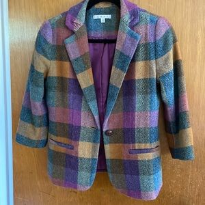 Cabi Multicolor Plaid Tweed 3/4 Sleeve Wool blend blazer